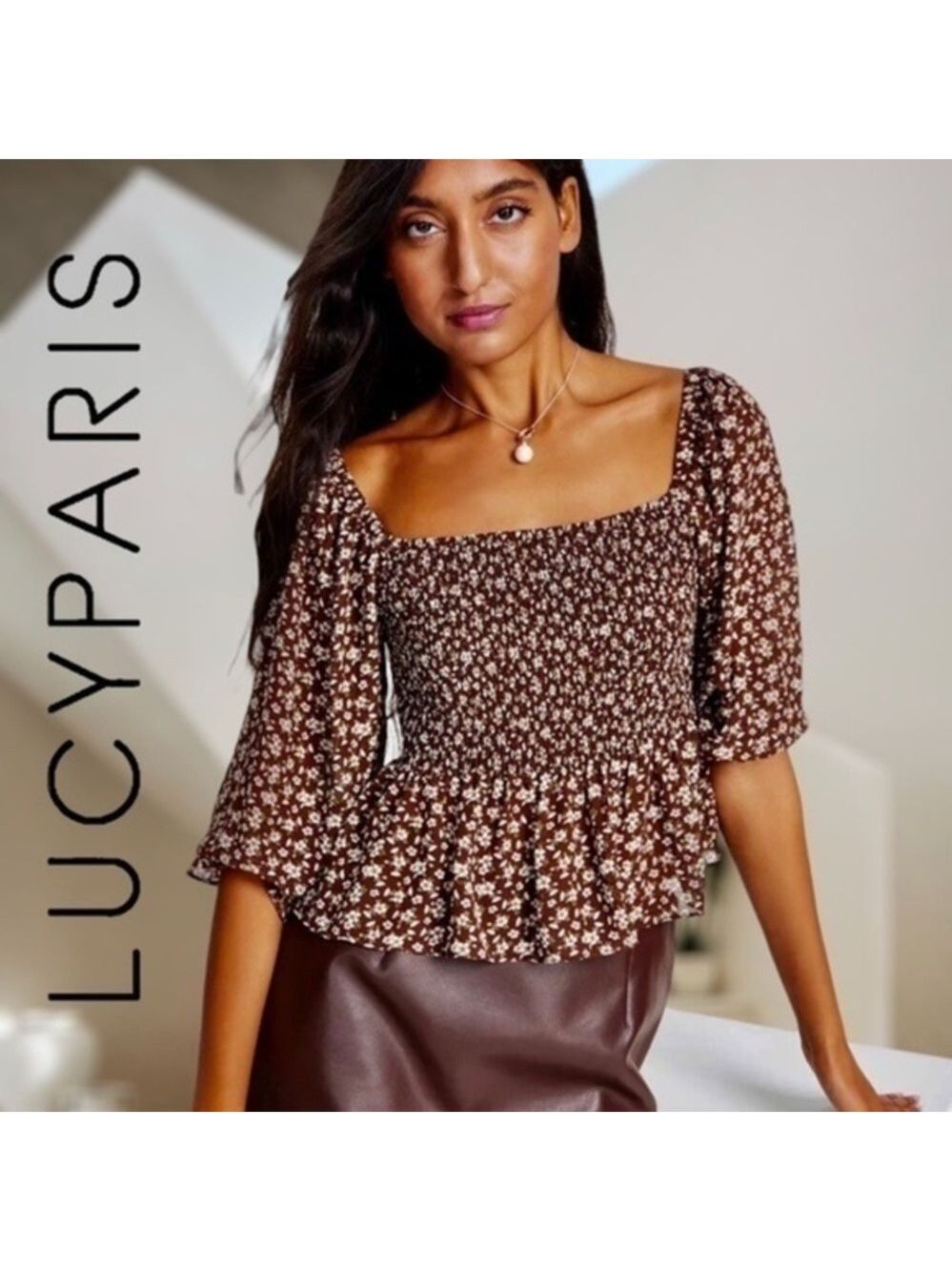 LUCY PARIS Brown Floral 3/4 Sleeve Scoop Neck Ruffle Hem Smocked Top NWT/MD